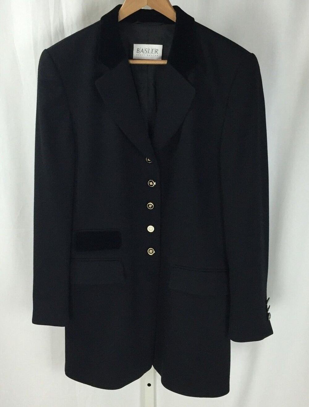 Basler Black Long Coat Jacket Gold Black Buttons Velvet Trim sz 38, US 10